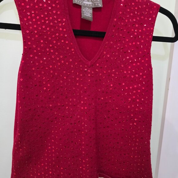 Norton Petites Red Sequin Sweater Tank PS Sparkle Knit Sleeveless Top - Picture 3 of 7